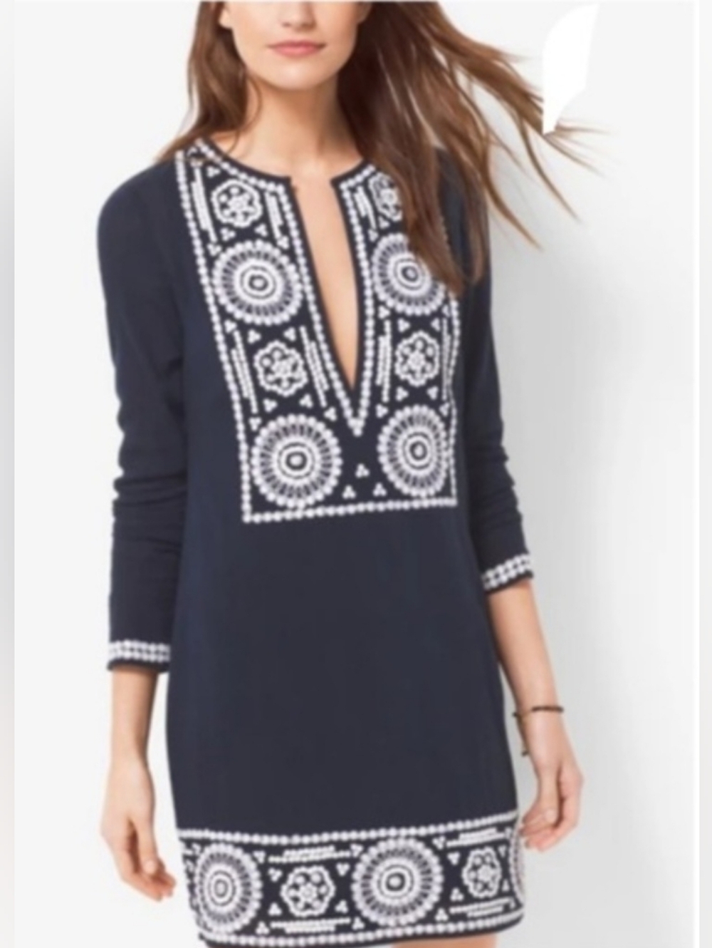 Michael Kors Tunic Dress M Black White Sequins Embroidered Mini Ethnic Folk Art